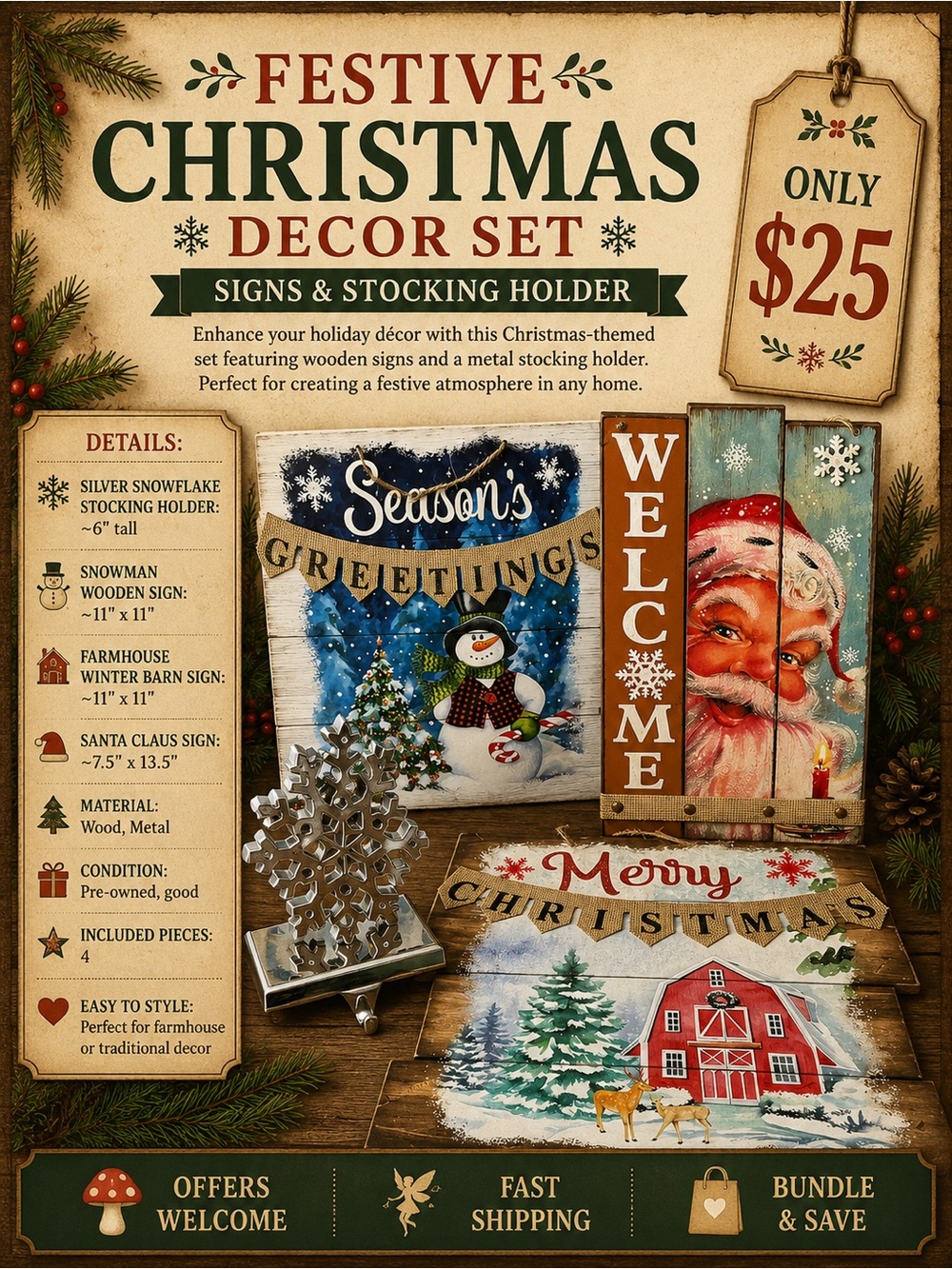 Christmas Decor Set Signs & Stocking Holder